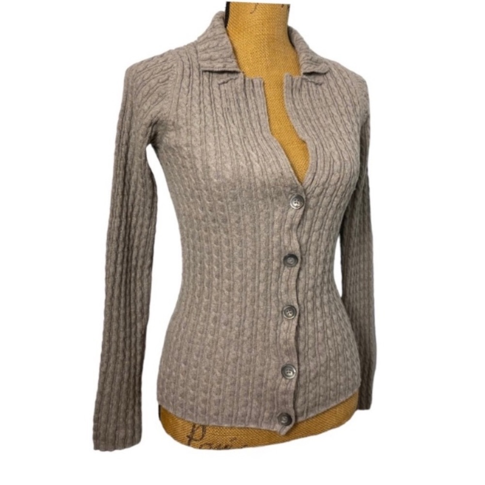 Boden Taupe Wool Blend Collared Cable Knit Button Down Sweater Cardigan 6
